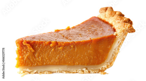 A close-up of a delicious slice of pumpkin pie with a golden crust, perfect for Thanksgiving and autumn-themed designs.