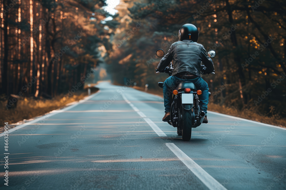 Biker riding custom motorcycle on country road in forest Biker riding custom motorcycle on country road in forest