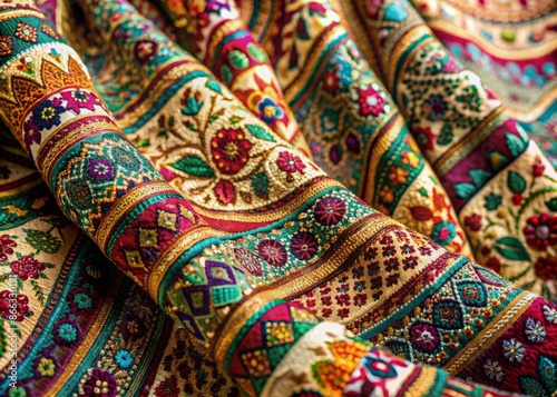 Vibrant intricate patterns adorn a richly textured colorful traditional South Asian woven fabric hanging elegantly draped against a soft neutral background.