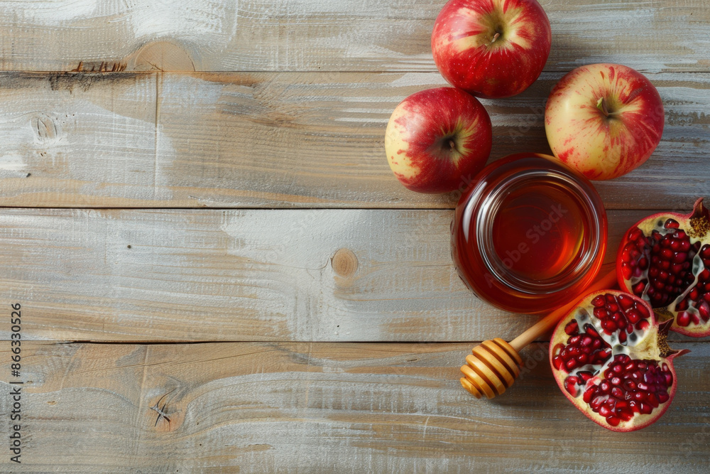 Apples, honey and pomegranate are arranged on a rustic wooden table for a rosh hashanah celebration Apples, honey and pomegranate are arranged on a rustic wooden table for a rosh hashanah celebration