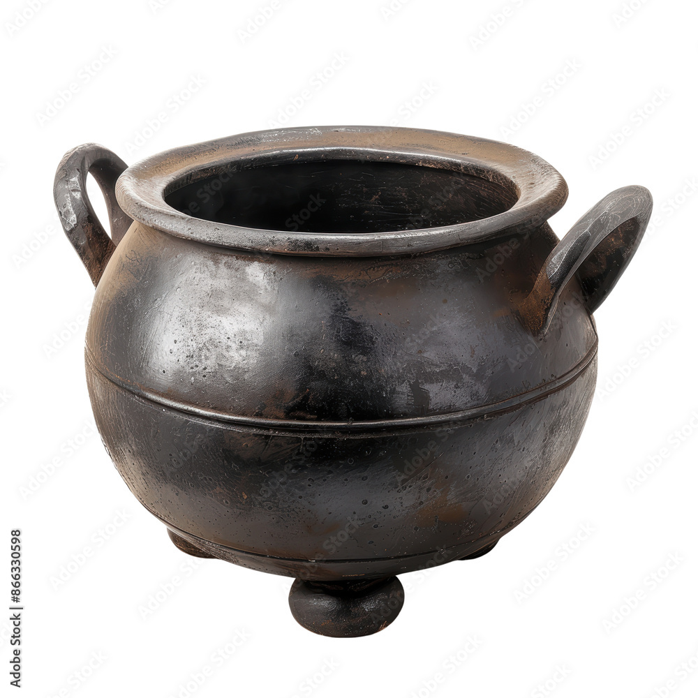 Antique black cast iron pot with two handles and short legs, isolated on white background. Perfect for historical or vintage-themed designs. Antique black cast iron pot with two handles and short legs, isolated on white background. Perfect for historical or vintage-themed designs.