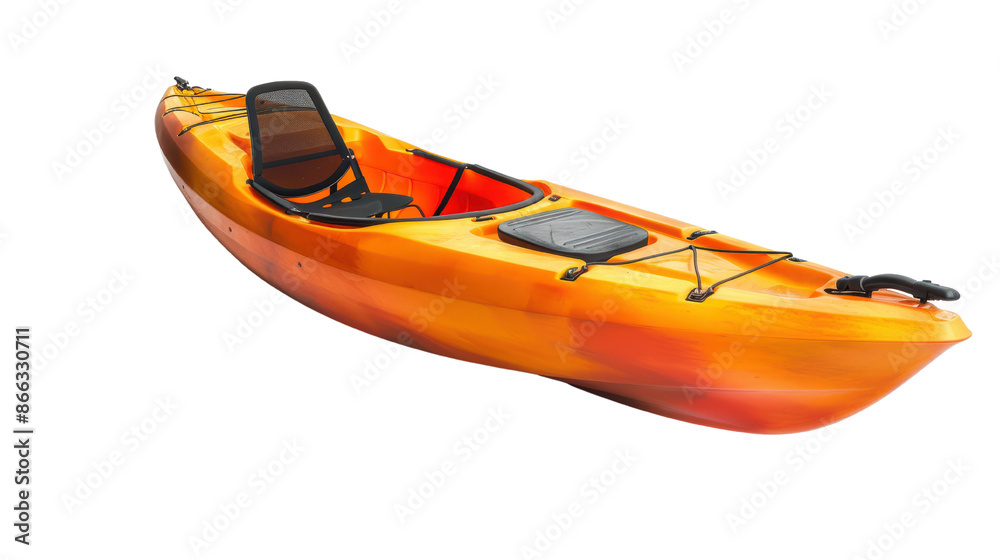 Bright orange kayak isolated on white background, showing seat and storage area, perfect for water sports and outdoor adventures. Bright orange kayak isolated on white background, showing seat and storage area, perfect for water sports and outdoor adventures.