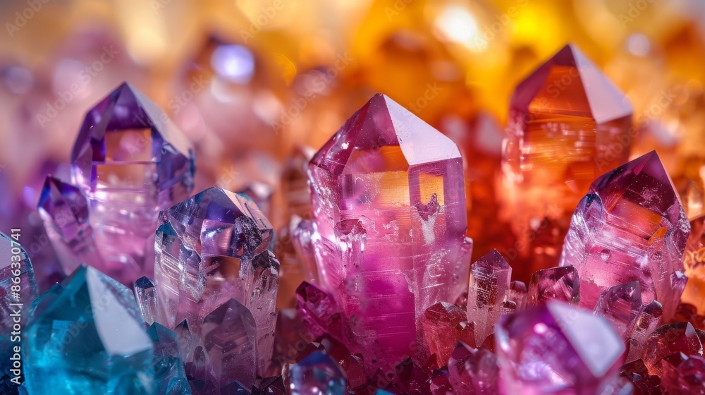 Close-up shot of colorful crystal clusters. Vibrant gemstone macro photo, amethyst, citrine, and rose quartz. Close-up shot of colorful crystal clusters. Vibrant gemstone macro photo, amethyst, citrine, and rose quartz.