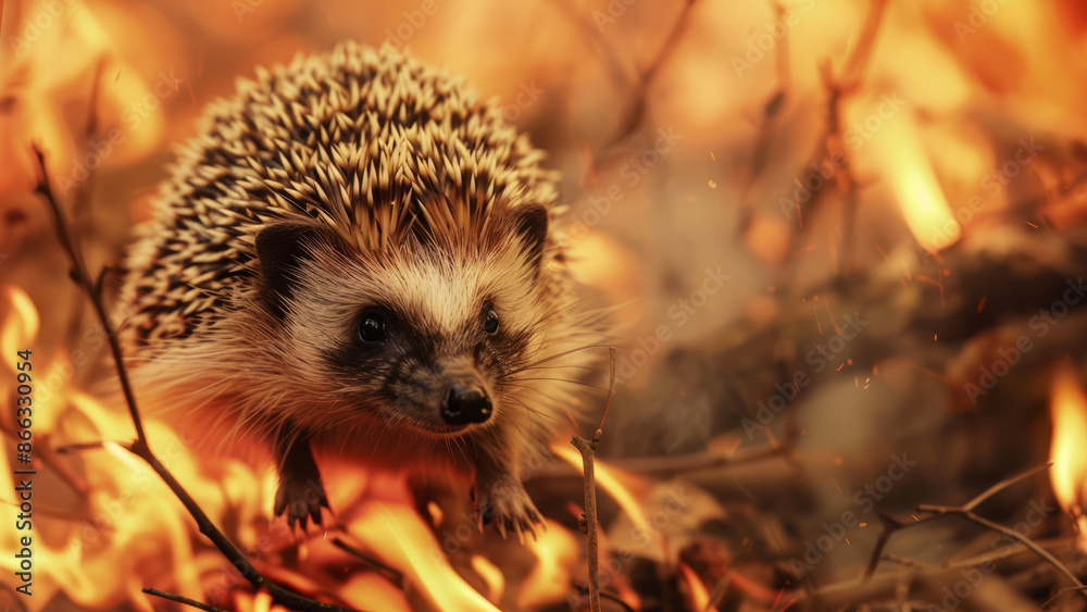 Fototapeta premium Hedgehog Escaping Through a Forest Fire