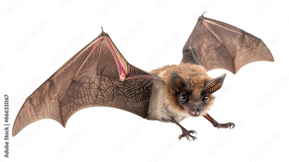 Naklejka premium Close-up of a flying bat with outstretched wings, showing intricate details of its wings and fur. Isolated on a white background.