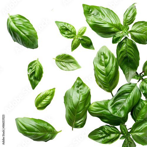 organic holy basil leaves, cooking ingredient, detailed photo, green, isolated on white background