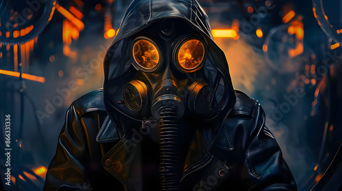Fictional cyberpunk character in a leather hoodie and gas mask at night. Concept Cyberpunk, Fictional Character, Leather Hoodie, Gas Mask, Night Scene