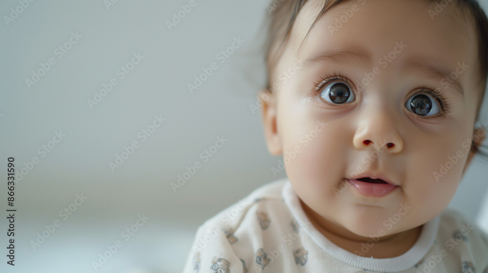 Close-up natural baby expressions with copy space, a close-up image of a baby with a playful expression, set against a soft white or cream background Close-up natural baby expressions with copy space, a close-up image of a baby with a playful expression, set against a soft white or cream background