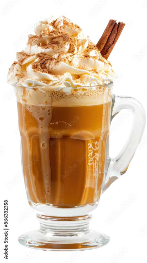 Delicious pumpkin spice latte with whipped cream and cinnamon sticks in a glass mug, perfect for autumn and cozy moments. Delicious pumpkin spice latte with whipped cream and cinnamon sticks in a glass mug, perfect for autumn and cozy moments.