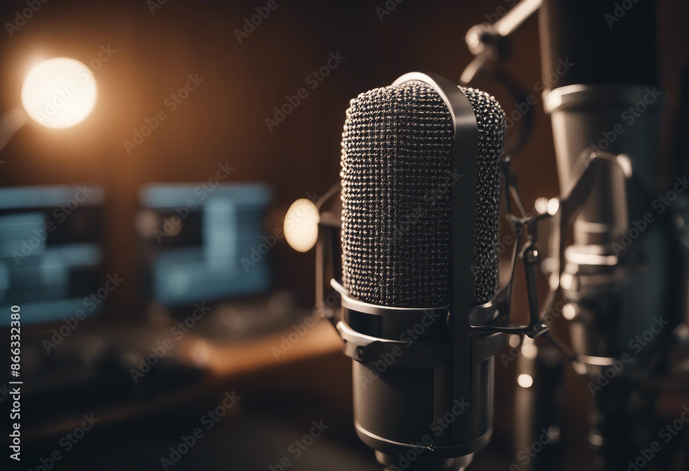A professional studio microphone on a stand in front of a sound-absorbing wall
A professional studio microphone on a stand in front of a sound-absorbing wall
