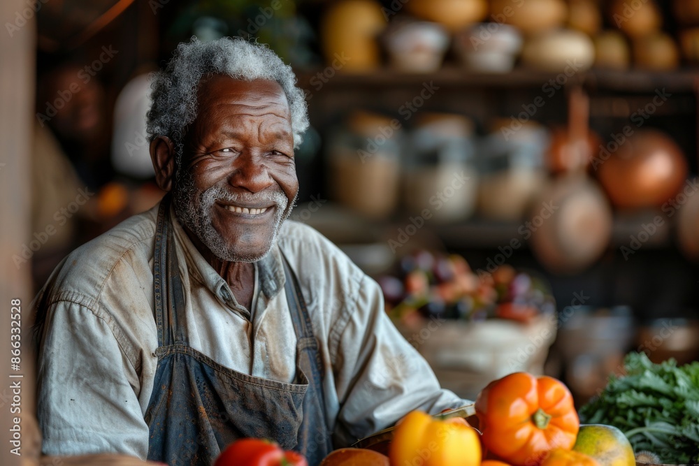 Black old man at a table with vegetables Black old man at a table with vegetables