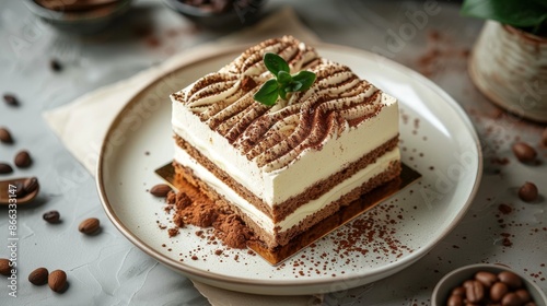 Wallpaper Mural Delicious Tiramisu cake with cocoa powder, mascarpone cheese and ladyfingers on a white plate. Italian dessert with fresh mint garnish. Torontodigital.ca