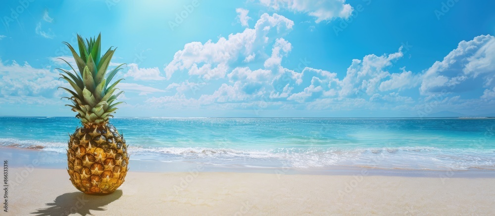 Tropical summer scene featuring a pineapple on a white sandy beach against a backdrop of blue sea and sky on a sunny day, with room for text.