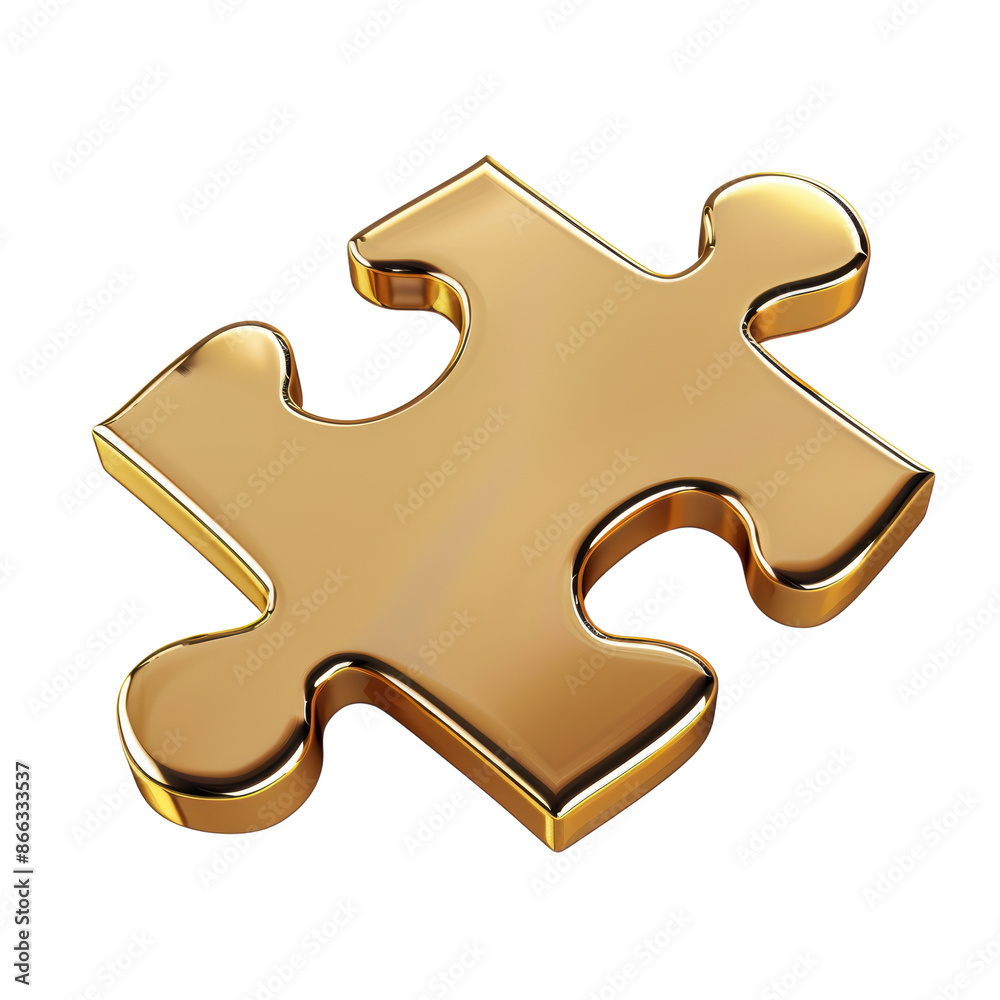 Shiny golden puzzle piece isolated on white background, representing success, achievement, and luxury in problem-solving.