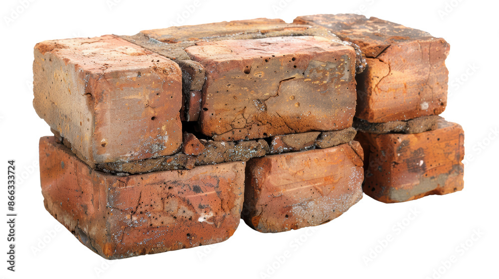 Stack of six weathered red bricks isolated on white background. Perfect for construction, renovation, and industrial themes. Stack of six weathered red bricks isolated on white background. Perfect for construction, renovation, and industrial themes.