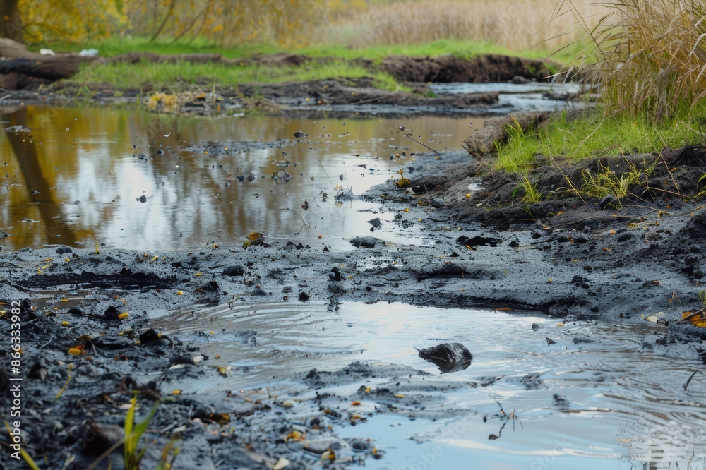 A polluted riverbank with chemical waste and toxic sludge A polluted riverbank with chemical waste and toxic sludge