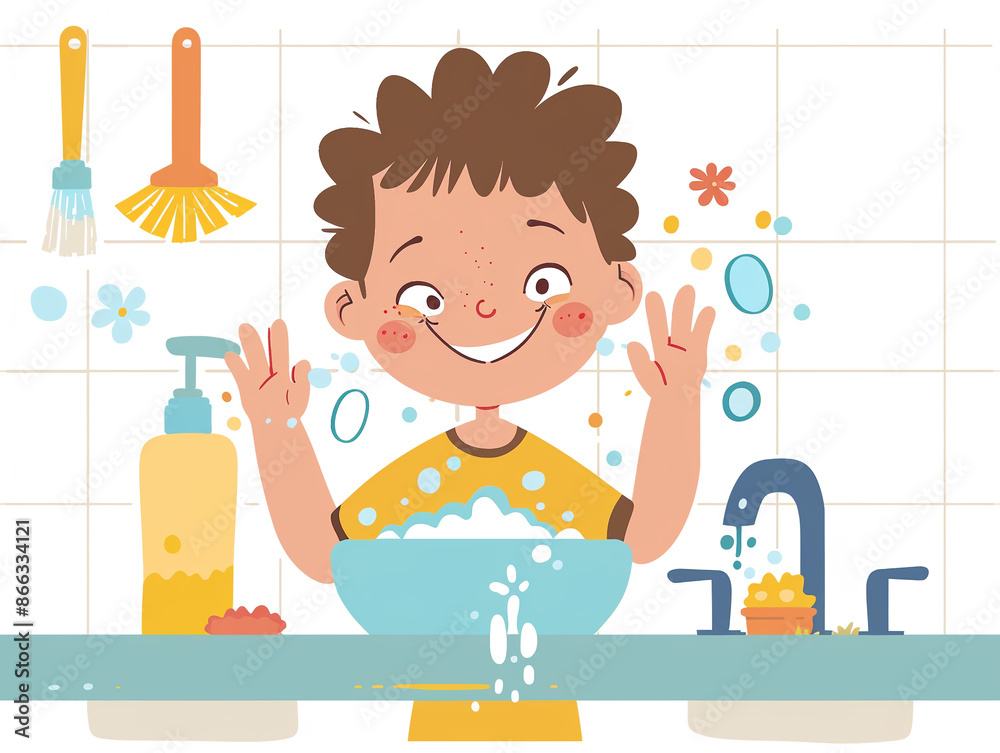 Child washes hands of art illustration, AI generated Child washes hands of art illustration, AI generated