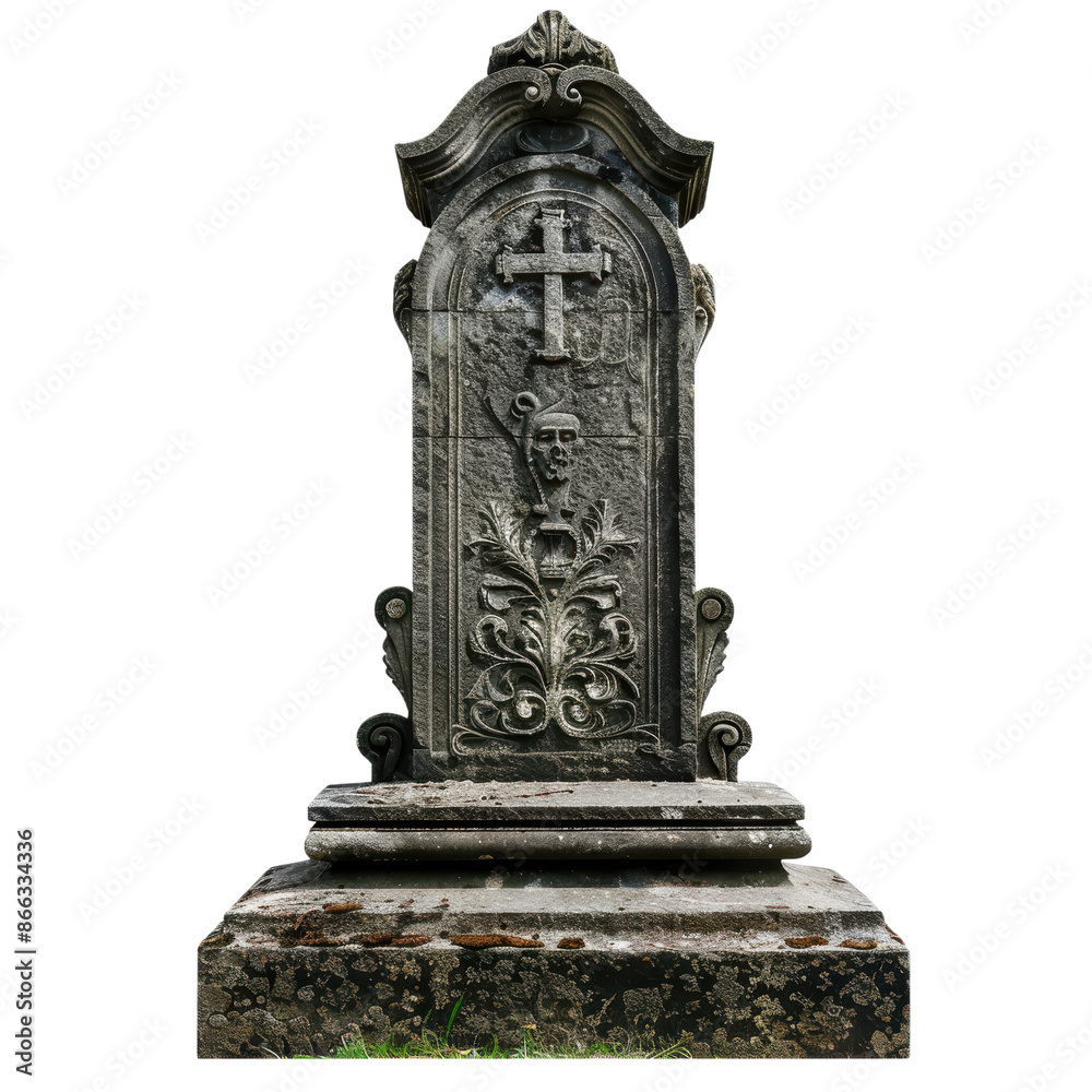 Obraz premium Vintage stone tombstone with intricate carvings and moss growth, featuring a cross and skull design, ideal for historical and gothic themes.