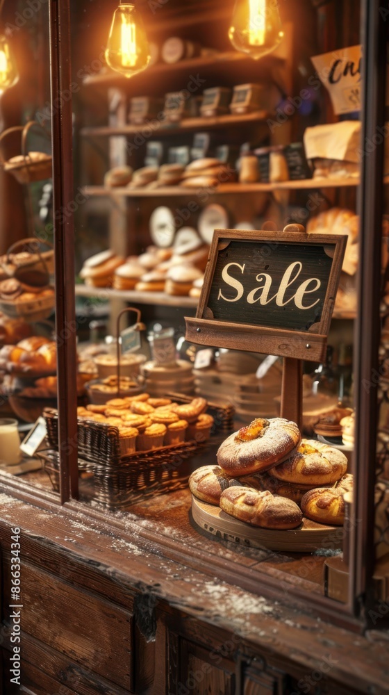 Warmly lit cozy bakery with sale sign and fresh pastries. Warmly lit cozy bakery with sale sign and fresh pastries.