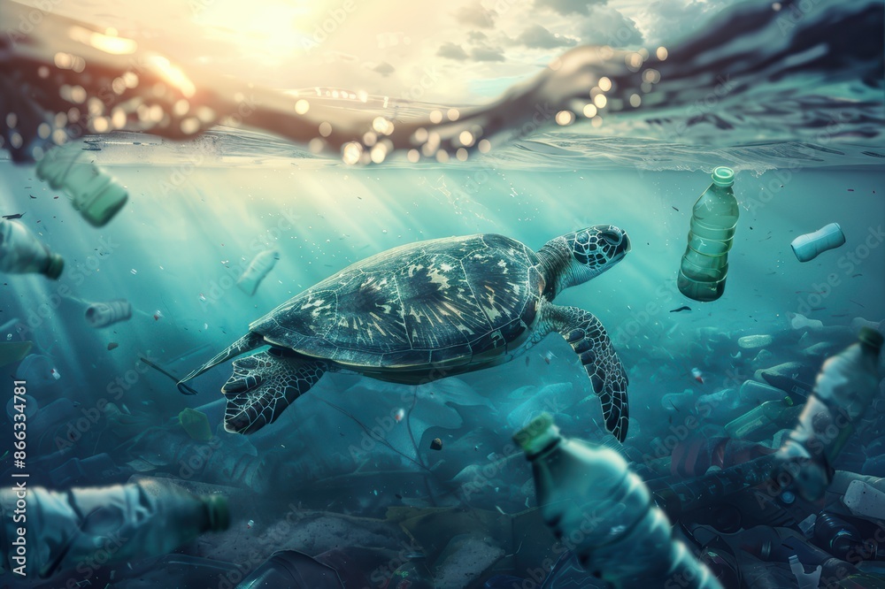 Obraz premium A lone turtle swimming among floating plastic bottles