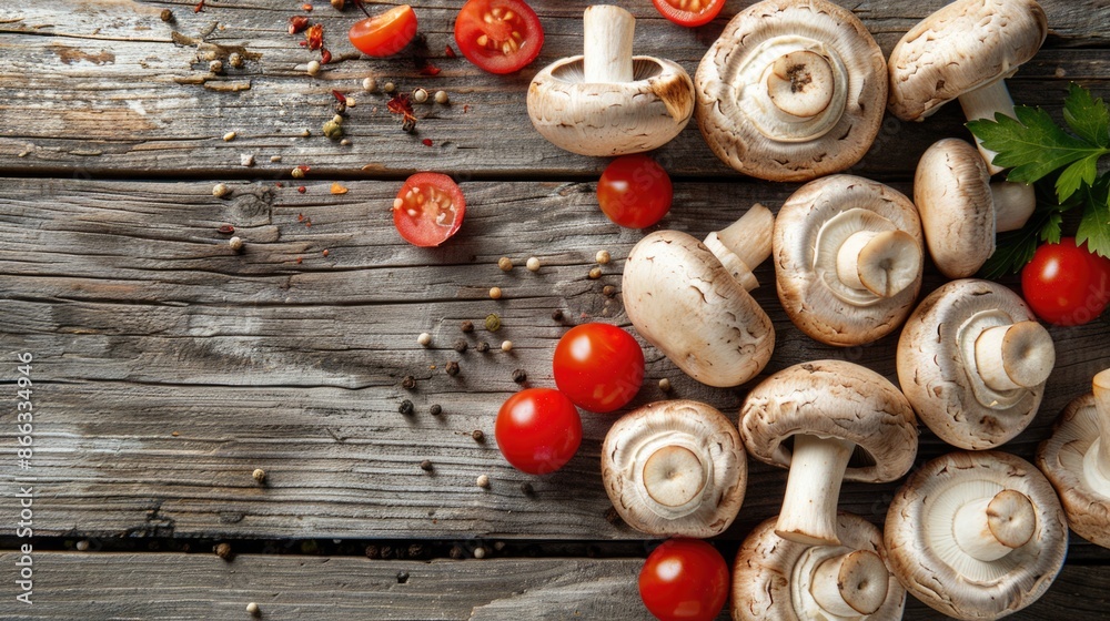 Fresh mushrooms champignons, tomatoes and spices on a wooden table. top view. Copy space. Fresh mushrooms champignons, tomatoes and spices on a wooden table. top view. Copy space.