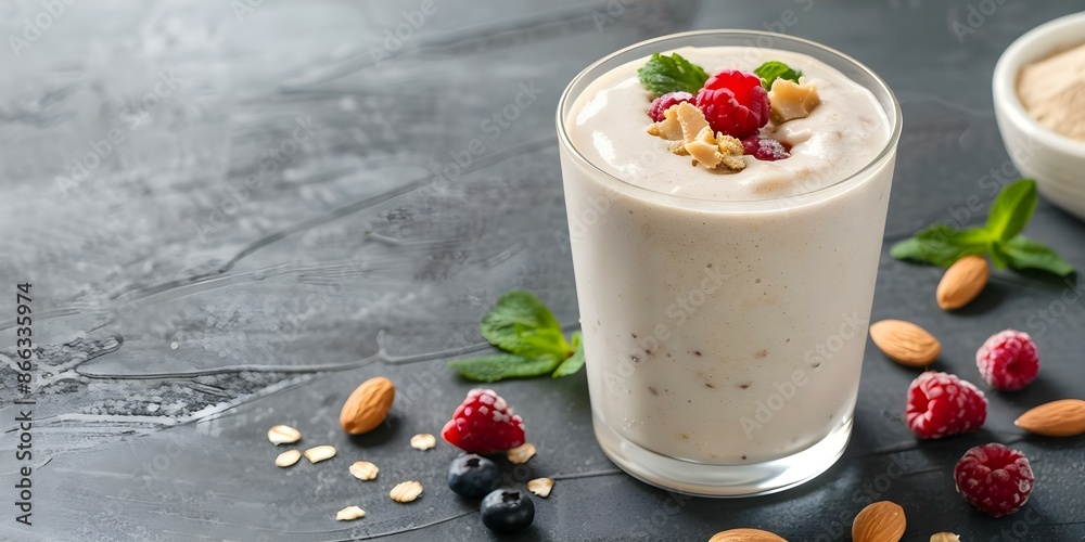 Almond milkshake with protein powder berries and almond butter for a creamy drink. Concept To create the perfect almond milkshake with protein powder, berries, and almond butter, follow these steps