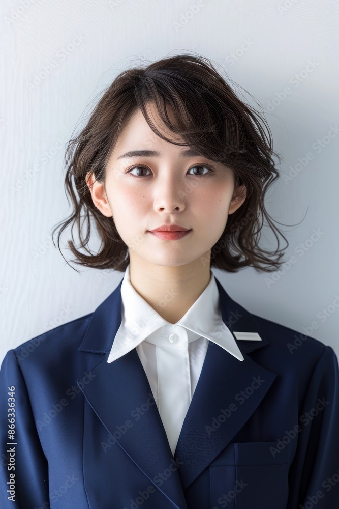 Portrait of a Japanese flight attendant giving safety instructions, high quality photo, photorealistic, professional expression, studio lighting Portrait of a Japanese flight attendant giving safety instructions, high quality photo, photorealistic, professional expression, studio lighting
