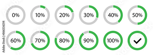 Circle loading and circle progress collection. Set of circle percentage diagrams for infographics, 0, 10, 20, 30, 40, 50, 60, 70, 80, 90, 100 percent.