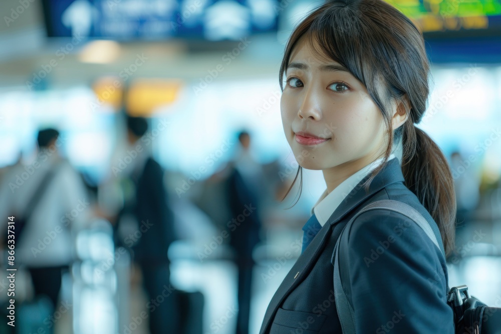 Fototapeta premium Portrait of a Japanese airport staff member guiding passengers at the gate, high detail, photorealistic, engaging atmosphere, bright environment