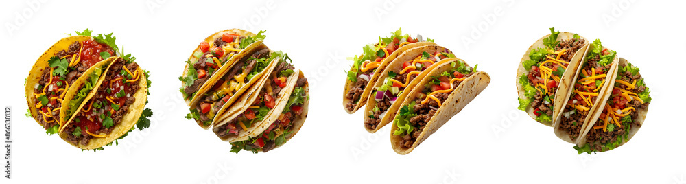 Serving of Mexican Tacos with Beef, Lettuce, Cheese, and Salsa on Transparent Background Serving of Mexican Tacos with Beef, Lettuce, Cheese, and Salsa on Transparent Background