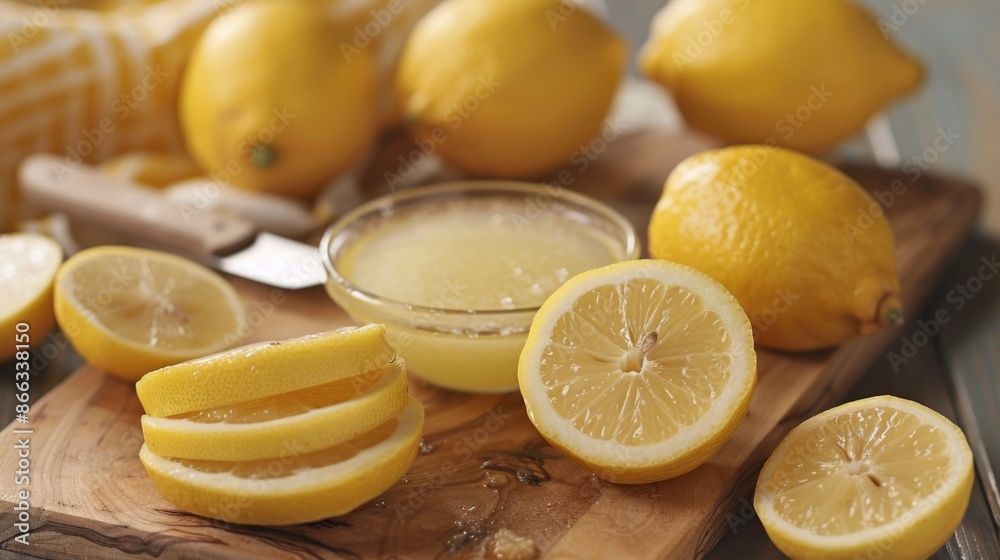 Freshly sliced lemons on a wooden cutting board, accompanied by a knife, whole lemons, and a bowl of lemon juice Freshly sliced lemons on a wooden cutting board, accompanied by a knife, whole lemons, and a bowl of lemon juice