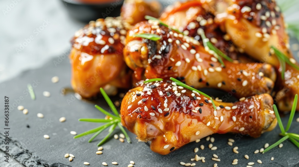 Fried chicken drumsticks with sesame seeds on table Fried chicken drumsticks with sesame seeds on table