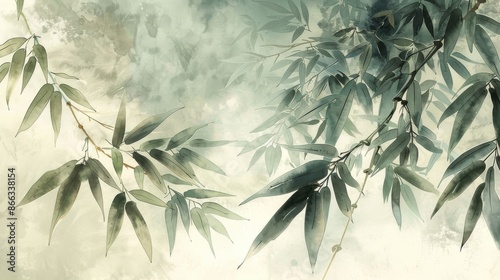 Fototapeta Naklejka Na Ścianę i Meble -  Abstract watercolor painting of bamboo branches with misty background, featuring a delicate and serene nature scene.