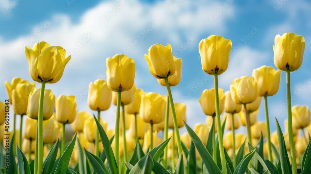 Fototapeta premium Vibrant Yellow Tulips Blooming under a Blue Sky. Spring Flowers in Full Bloom