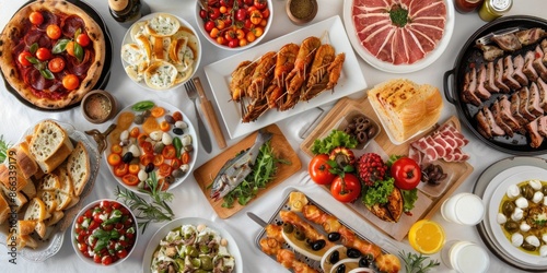  Full table of delicious Dinner party table European foods and drinks from top view, Happy dining time