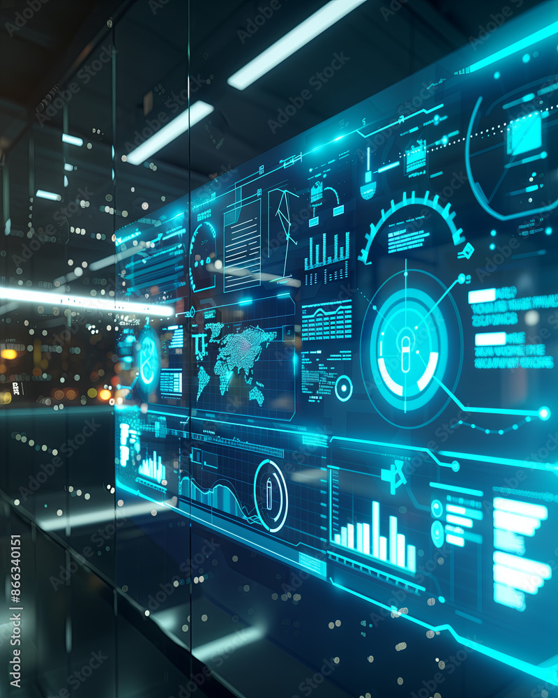 Fototapeta premium A detailed photograph of a sleek futuristic touchscreen interface displaying various data analytics and technological elements.