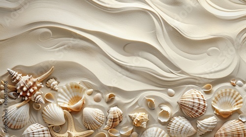 A sandy background adorned with sea shell © Denis