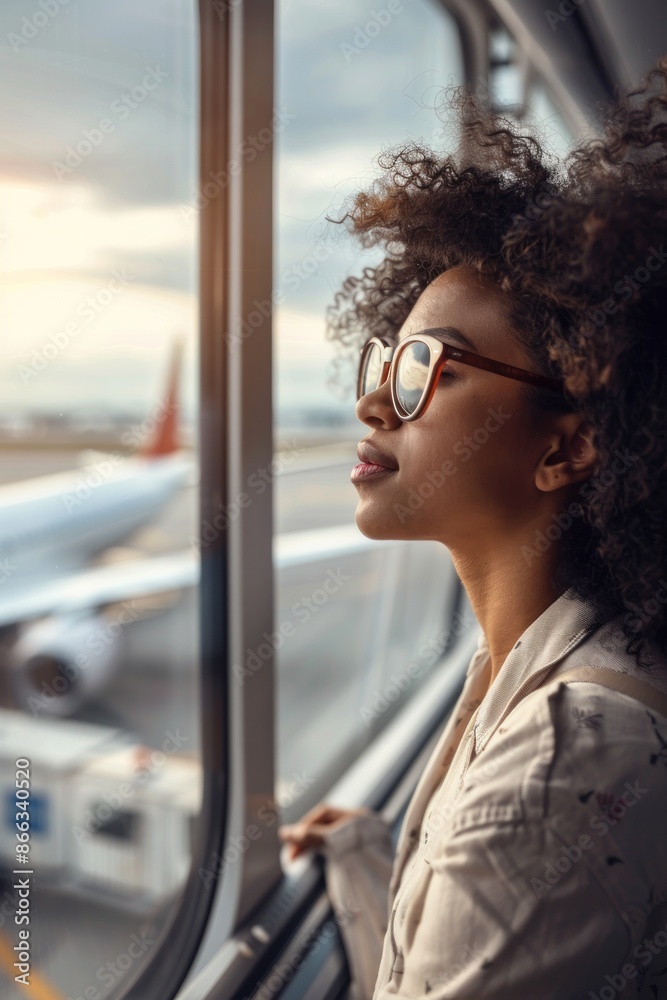 Portrait of an American traveler looking out the window at planes, high detail, photorealistic, engaged mood, bright environment Portrait of an American traveler looking out the window at planes, high detail, photorealistic, engaged mood, bright environment