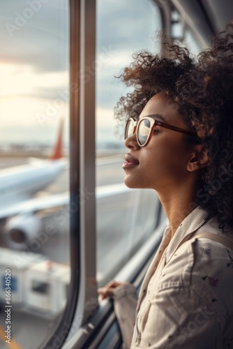 Portrait of an American traveler looking out the window at planes, high detail, photorealistic, engaged mood, bright environment