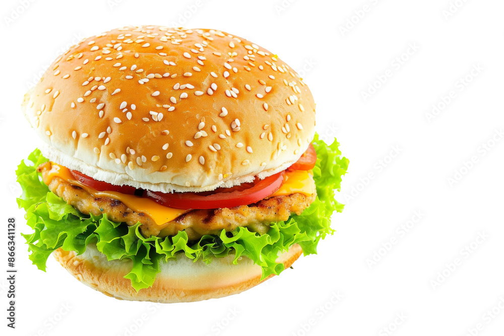 A hamburger with lettuce and tomato on a white background A hamburger with lettuce and tomato on a white background