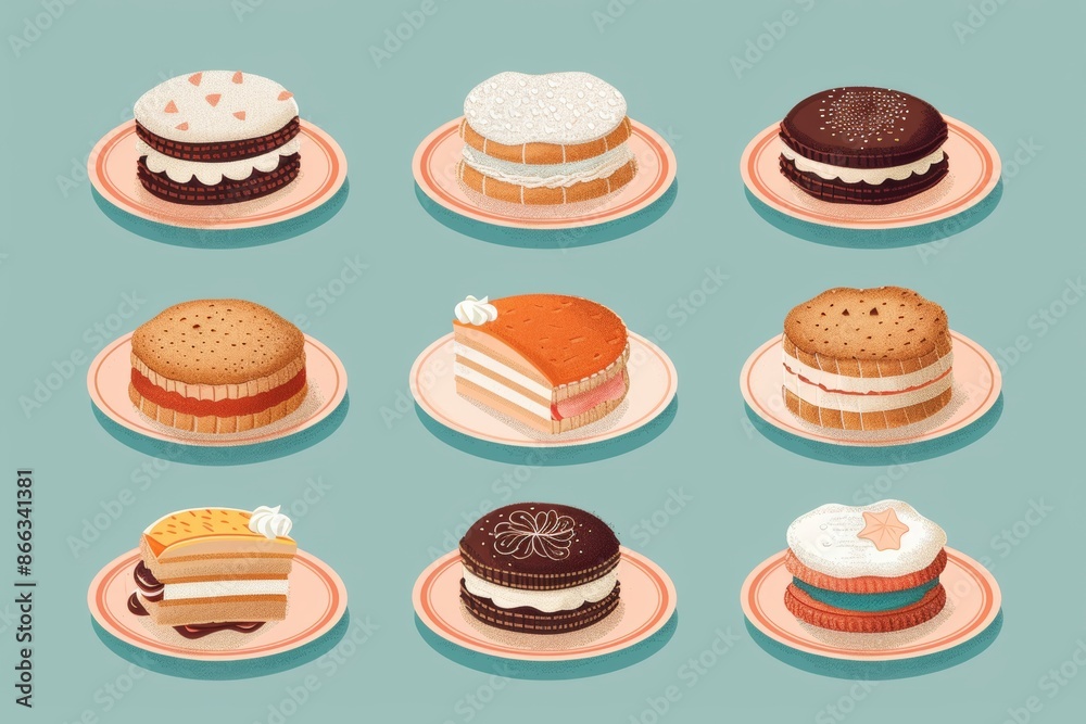 various alfajores dessert, featuring different flavors, fillings as cream or dulce de leche, and decorative elements, traditional beloved South American treat