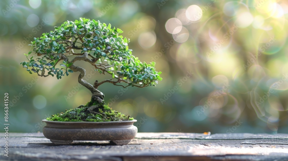 Close up of a small bonsai tree in a pot on a wooden table, against a blurry green background. Concept of nature, peace, mindfulness, and zen. Close up of a small bonsai tree in a pot on a wooden table, against a blurry green background. Concept of nature, peace, mindfulness, and zen.