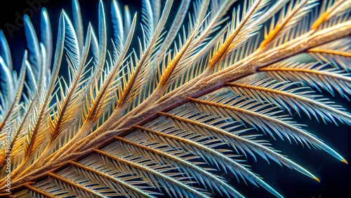Magnified microscopic view of penguin feather's intricate barb and barbule structure, showcasing tiny hook-like projections and feathery branches in stunning high-contrast detail. photo