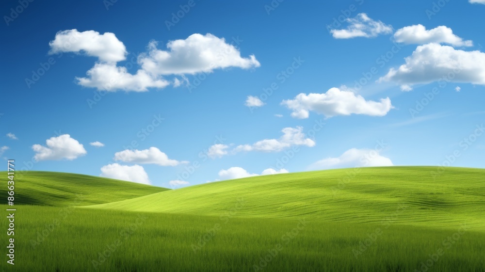 Idyllic Landscape. Rolling Green Hills and Blue Sky with Fluffy White Clouds Idyllic Landscape. Rolling Green Hills and Blue Sky with Fluffy White Clouds