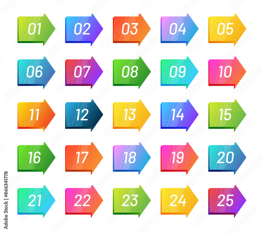 3d arrow number bullet points from 1 to 25. 3d arrow number bullet points from 1 to 25.