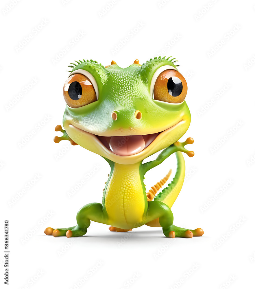 Fototapeta premium An adorable, wide-eyed cartoon lizard with bright green and blue markings. Perfect for children's books, educational materials, or designs needing a cute and friendly character.