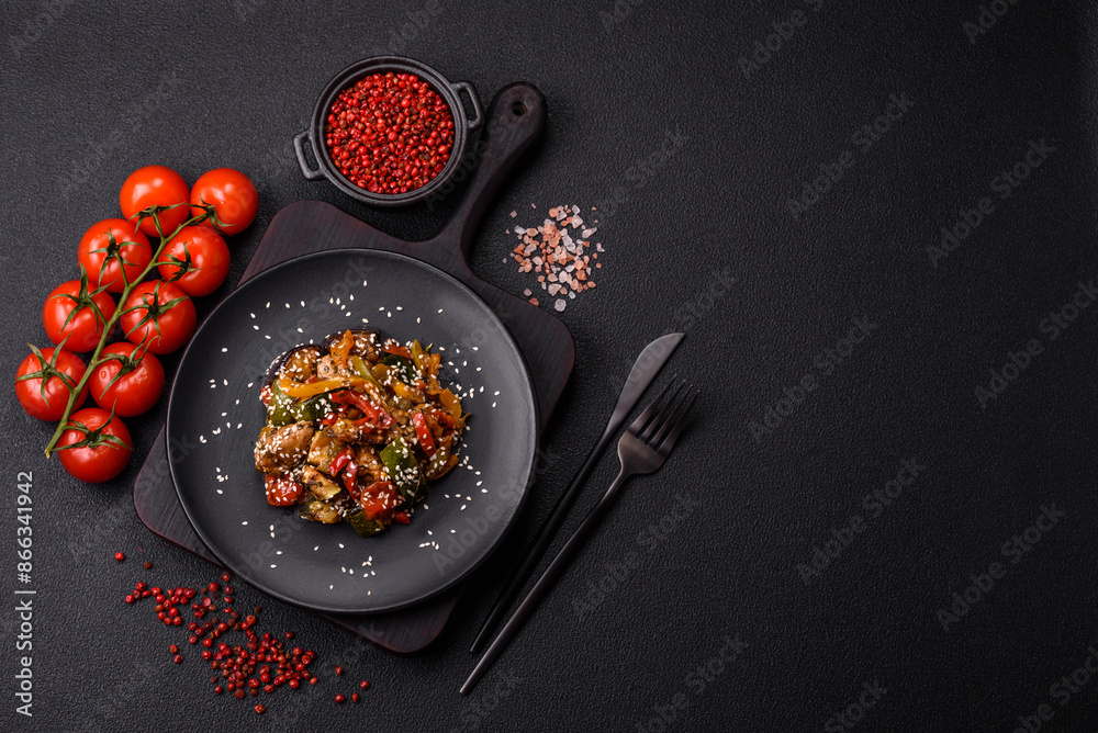Spicy Asian dish with sliced meat fillet, hot pepper, carrots and sesame seeds Spicy Asian dish with sliced meat fillet, hot pepper, carrots and sesame seeds