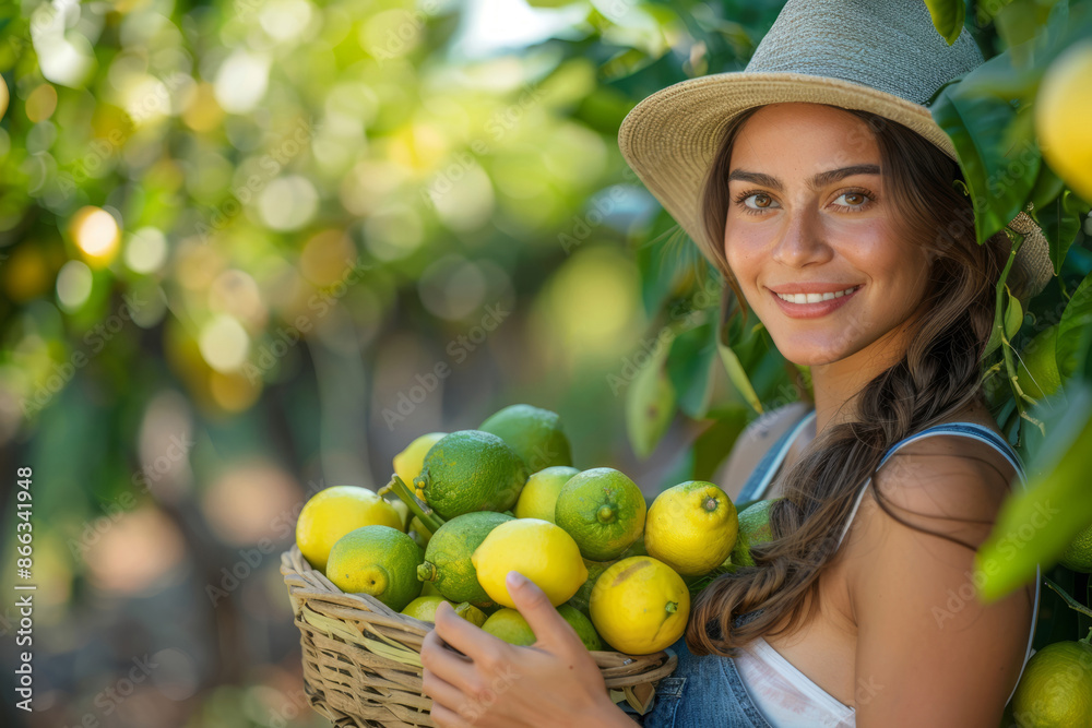 female farmer collects lemons on a sunny day. A happy girl holds a basket of ripe lemons. female farmer collects lemons on a sunny day. A happy girl holds a basket of ripe lemons.