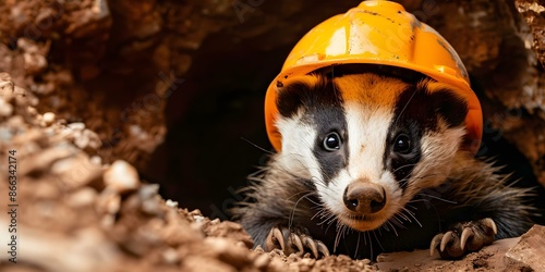 A badger with a miners helmet excavating a tunnel like a geologist. Concept Animal Behavior, Mining, Geology, Excavation Techniques, Wild Creatures photo