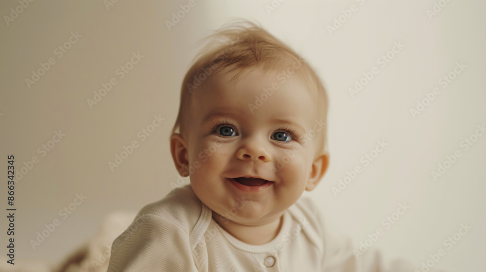 Close-up natural baby expressions with copy space, a close-up photo of a baby showing a happy look, with a minimalistic white or cream background Close-up natural baby expressions with copy space, a close-up photo of a baby showing a happy look, with a minimalistic white or cream background